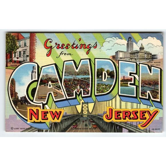 Greetings From Camden New Jersey Large Letter Postcard Linen Curt Teich Bridge - Picture 1 of 2